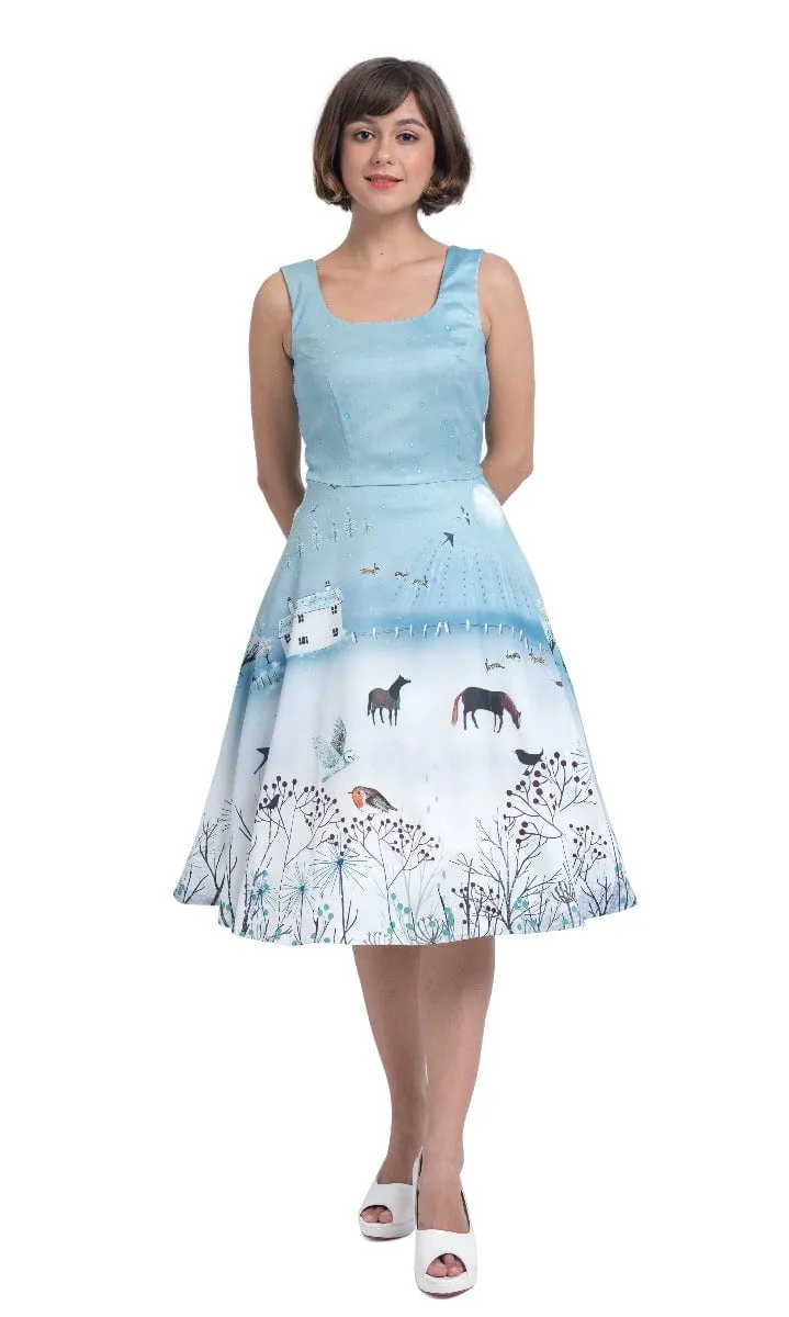 Amanda British Winter Landscape 50s Inspired Light Blue Dress-Special Edition