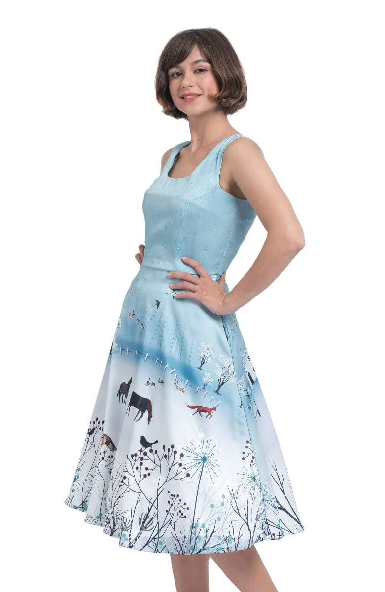 Amanda British Winter Landscape 50s Inspired Light Blue Dress-Special Edition