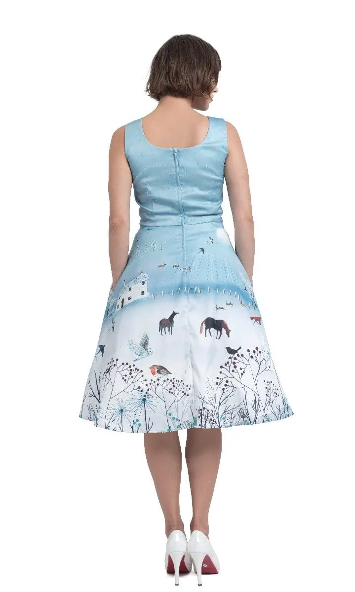 Amanda British Winter Landscape 50s Inspired Light Blue Dress-Special Edition