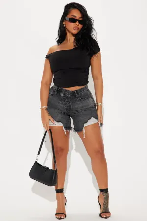 At A Glance Crossover Denim Shorts - Grey