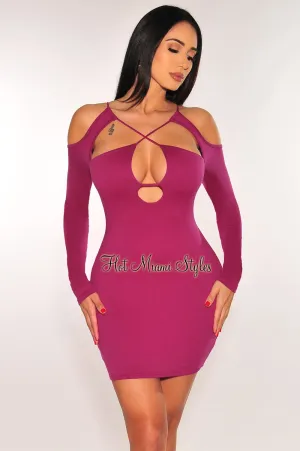 Berry Cut Out CrissCross Long Sleeve Mini Dress