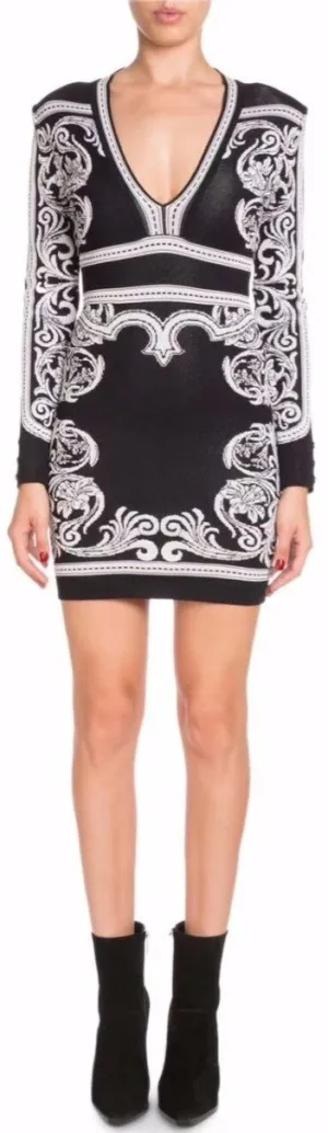 Black and White Baroque Stretch Mini Dress