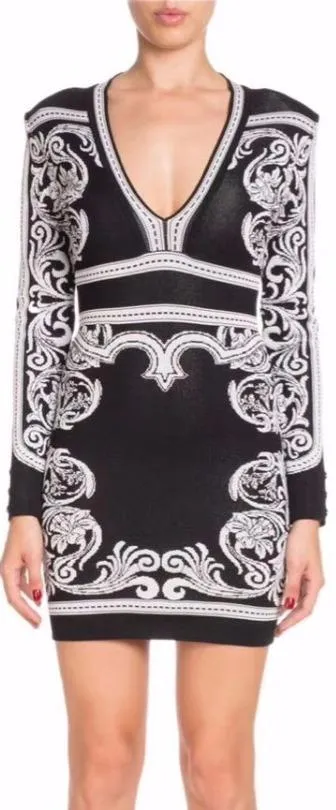 Black and White Baroque Stretch Mini Dress