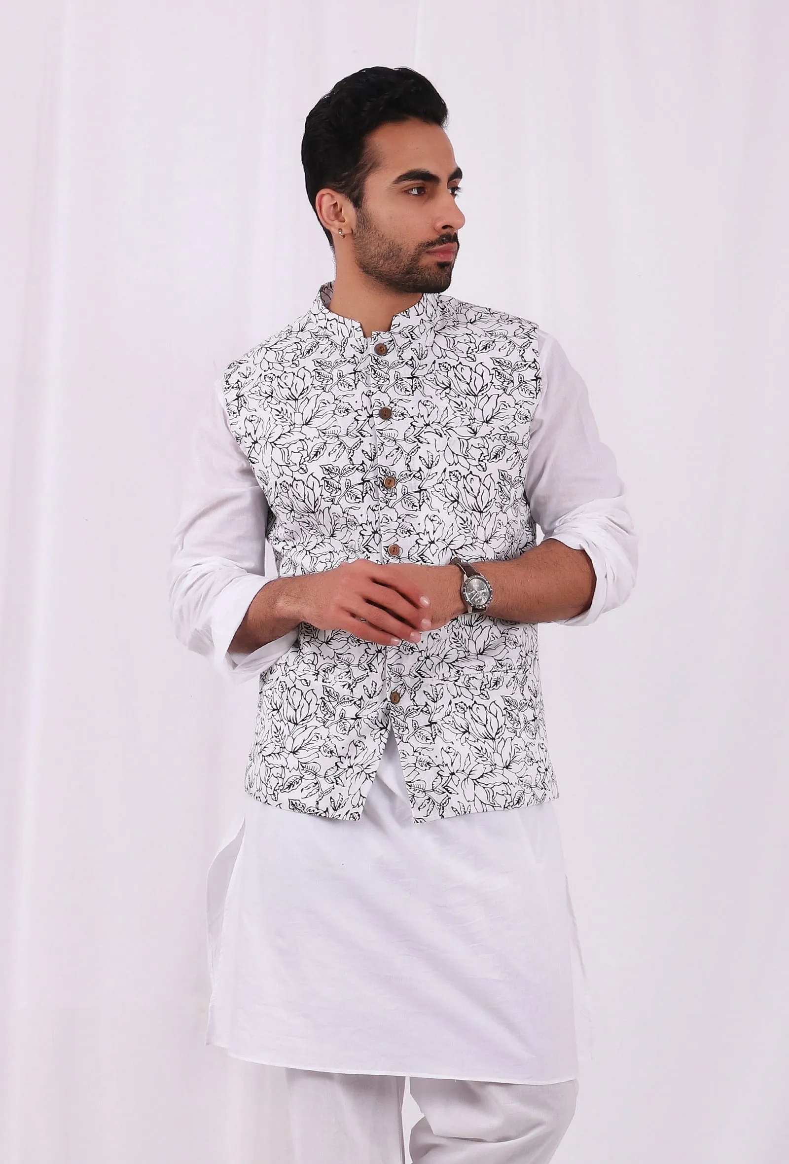 Black and White Floral Hand Block Cotton Nehru Jacket