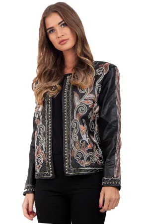 Black Embellished & Floral Embroidered Leather Look Blazer Jacket