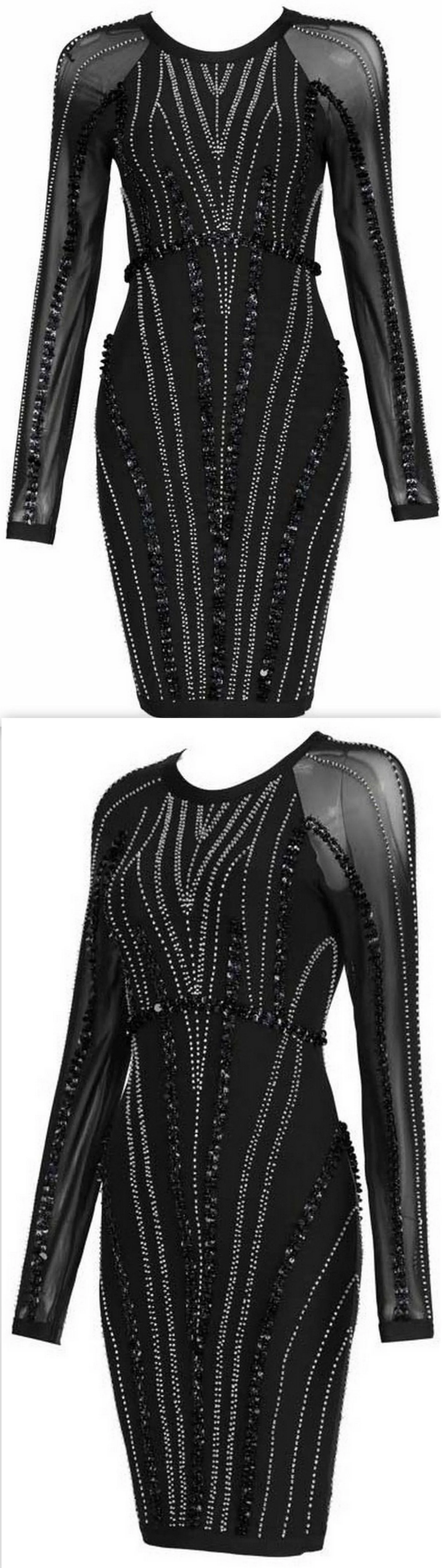 Black Embellished Sheer-Sleeved Stretchy Dress