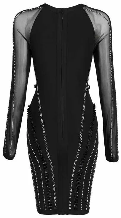 Black Embellished Sheer-Sleeved Stretchy Dress