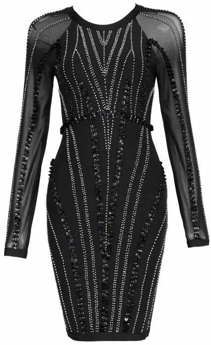 Black Embellished Sheer-Sleeved Stretchy Dress