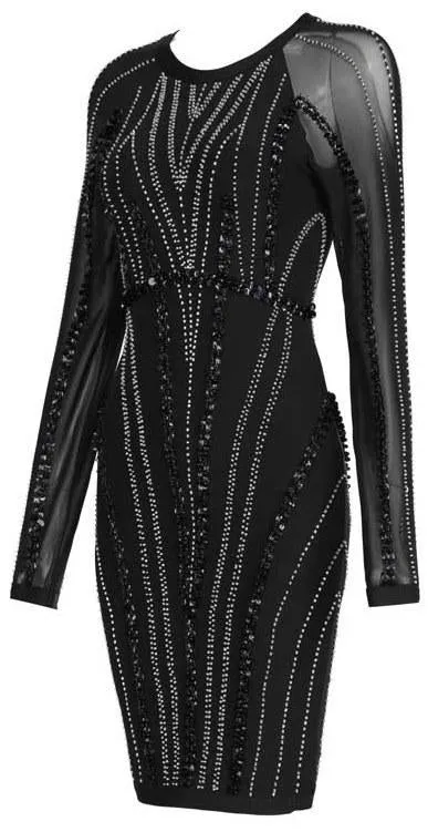 Black Embellished Sheer-Sleeved Stretchy Dress