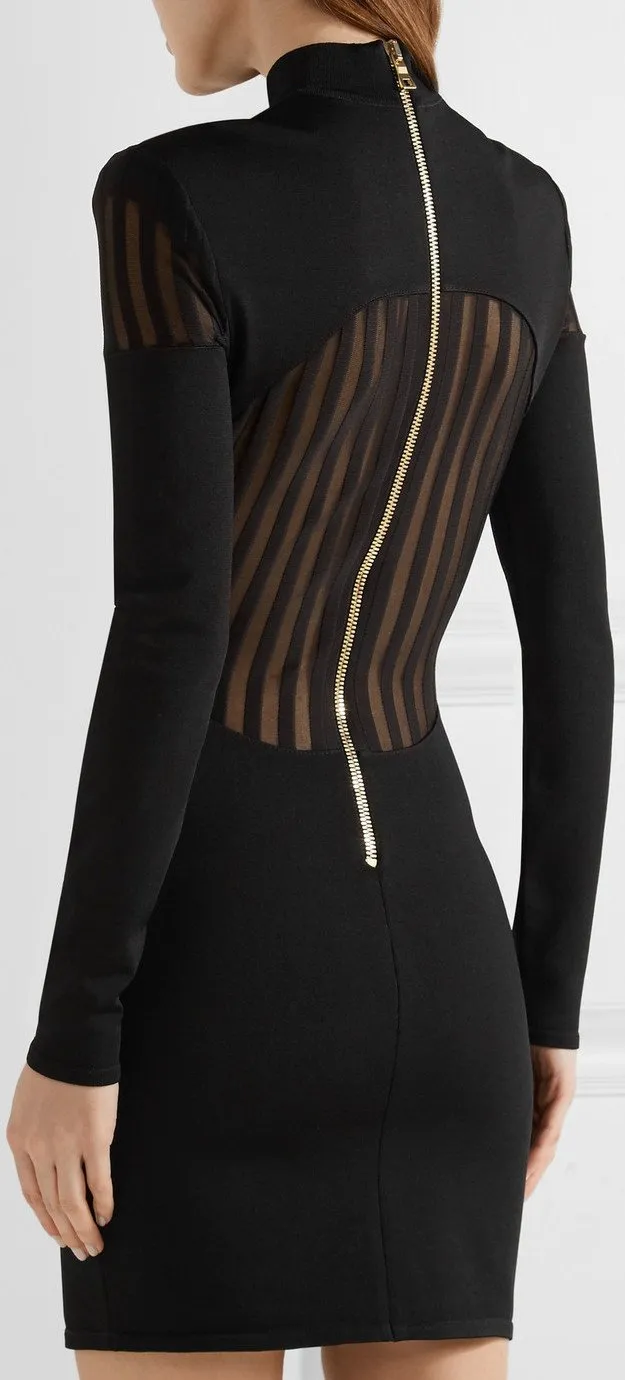 Black Mesh-Paneled Stretch-Knit Mini Dress