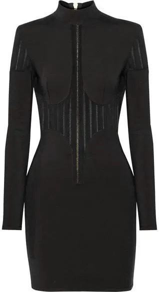 Black Mesh-Paneled Stretch-Knit Mini Dress