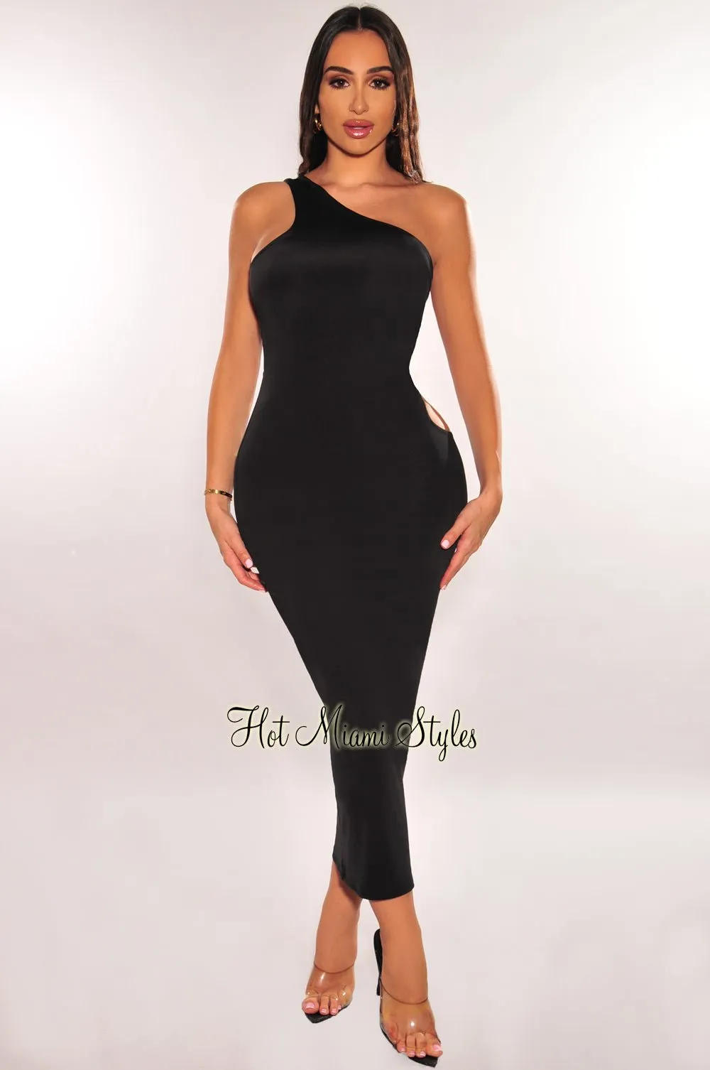 Black Silky One Shoulder Laced Up Back Dress