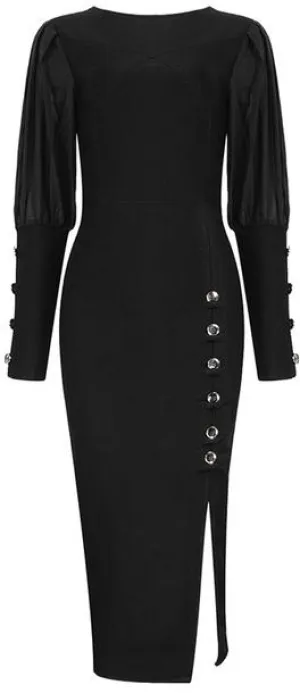 Black Stretch Button-Embellished Midi Evening Dress