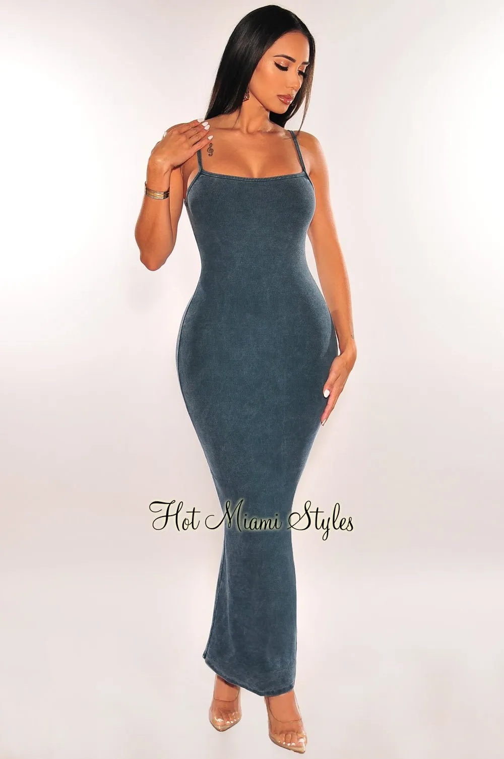 Blue Vintage Wash Ribbed Spaghetti Straps Scoop Back Vent Maxi Dress