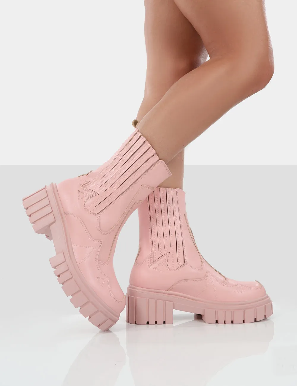 Consequence Pink Drench Stitched Detail Platform Chunky Sole Ankle Boots