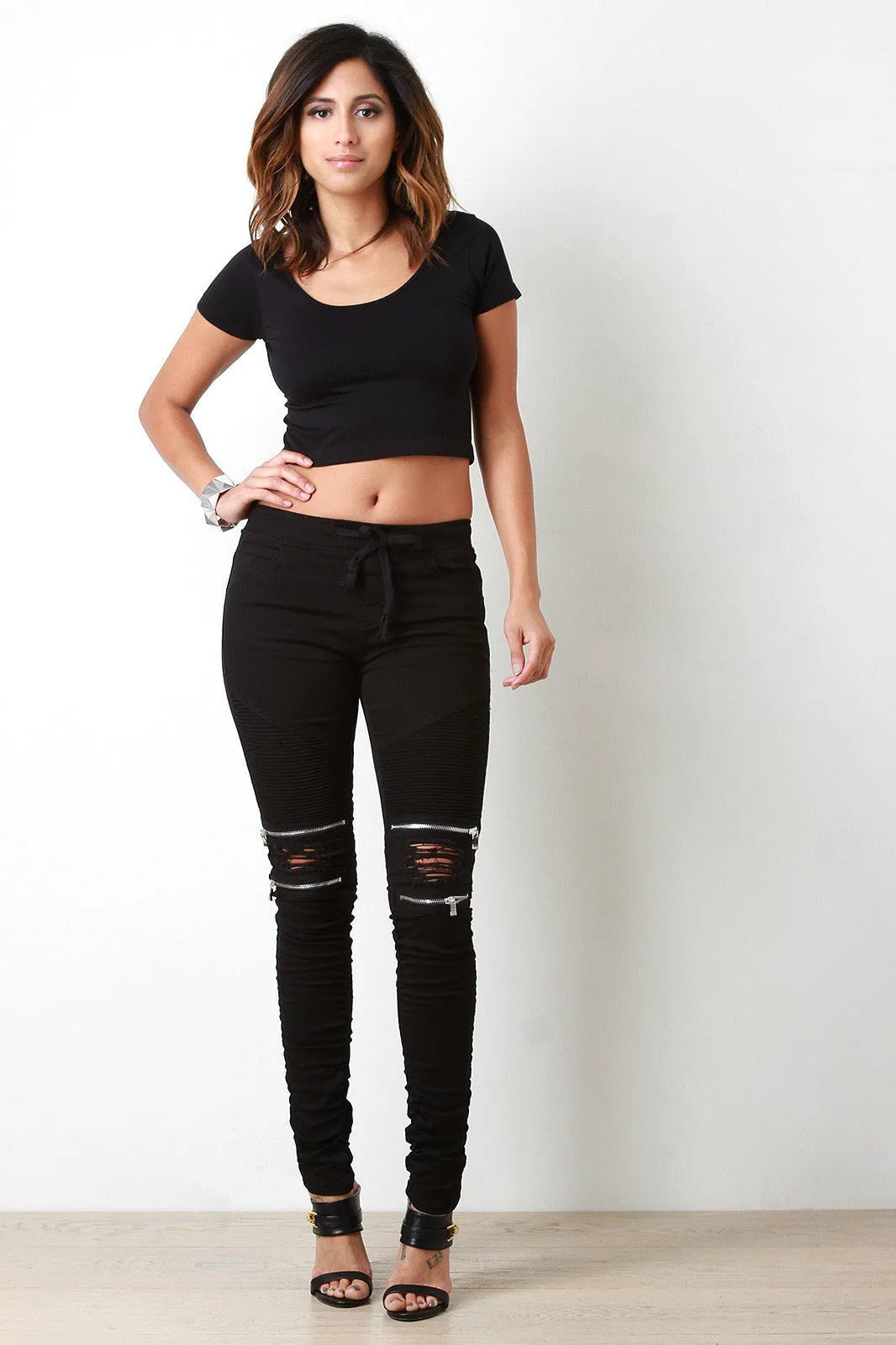 Drawstring Waist Edgy Distressed Moto Jeans