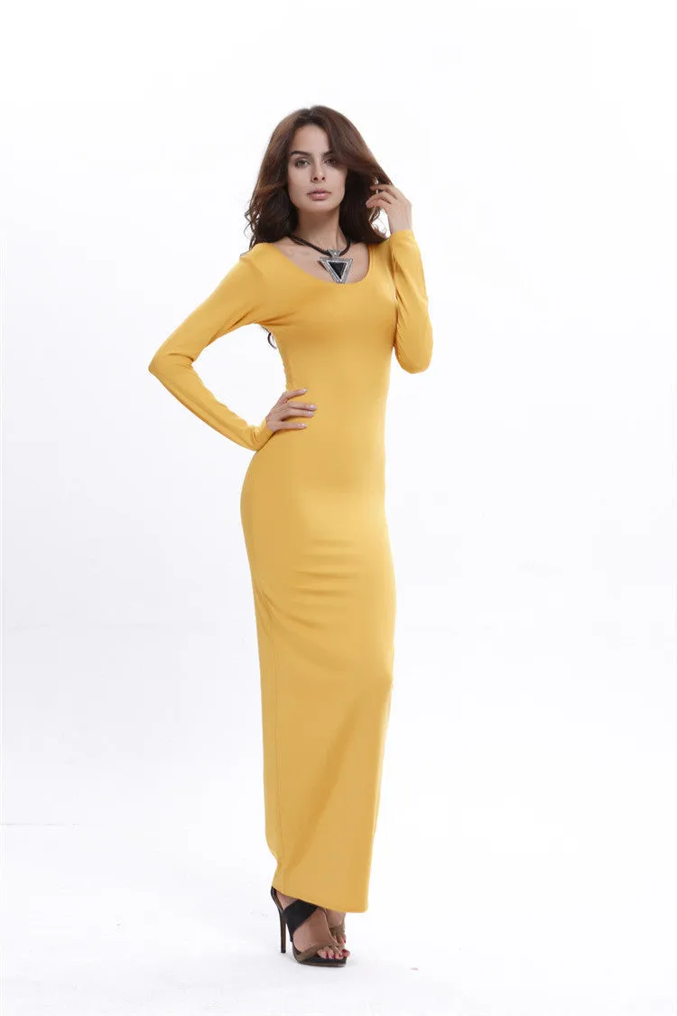 Elegant Pure Color Long Sleeve Scoop Bodycon Long Dress