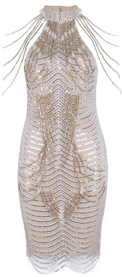 Embellished Paneled Strappy Halter Mini Dress