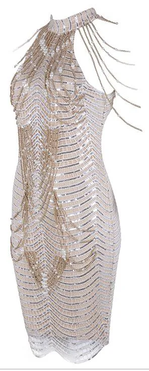 Embellished Paneled Strappy Halter Mini Dress