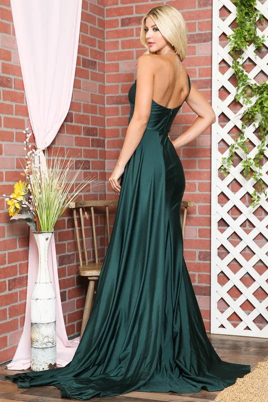 Emerald Green Asymmetric Stretchy Evening Gown