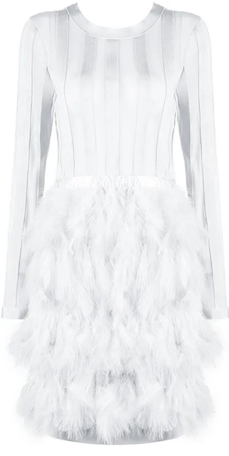 Feather-Tiered Mesh-Paneled Mini Cocktail Dress, White