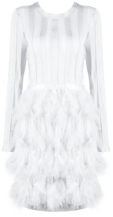 Feather-Tiered Mesh-Paneled Mini Cocktail Dress, White