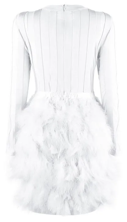 Feather-Tiered Mesh-Paneled Mini Cocktail Dress, White