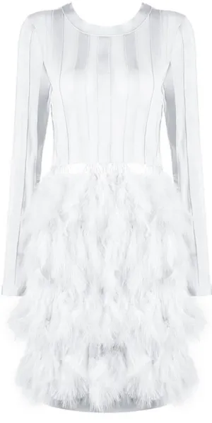 Feather-Tiered Mesh-Paneled Mini Cocktail Dress, White