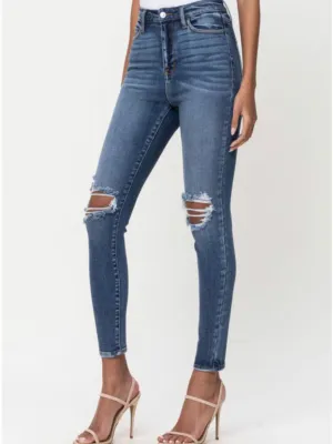 High Rise Destroy Ankle Skinny - Dark Denim