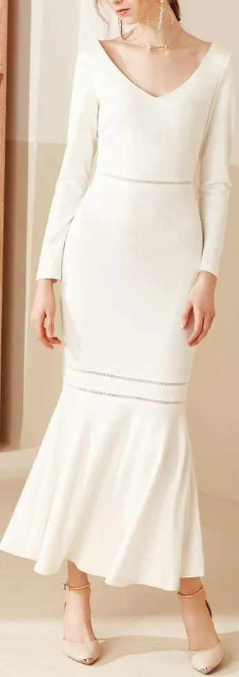 Long Fluted-Hem Dress - Cream or Black