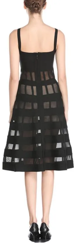 Mesh-Paneled Fit & Flare Dress, Black