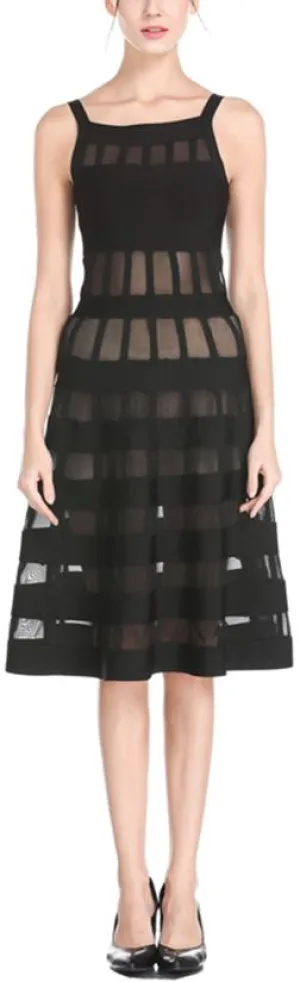 Mesh-Paneled Fit & Flare Dress, Black