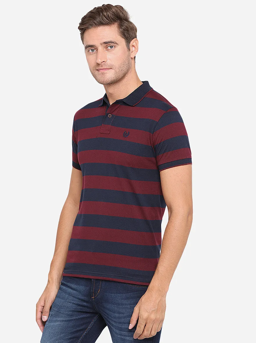 Rumba Red & Navy Blue Striped Slim Fit Polo T-Shirt | Greenfibre