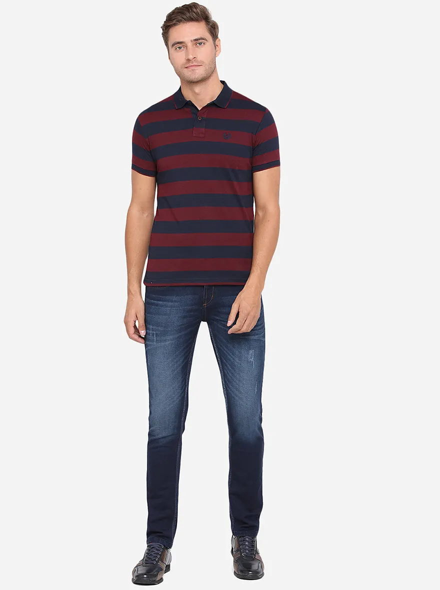 Rumba Red & Navy Blue Striped Slim Fit Polo T-Shirt | Greenfibre