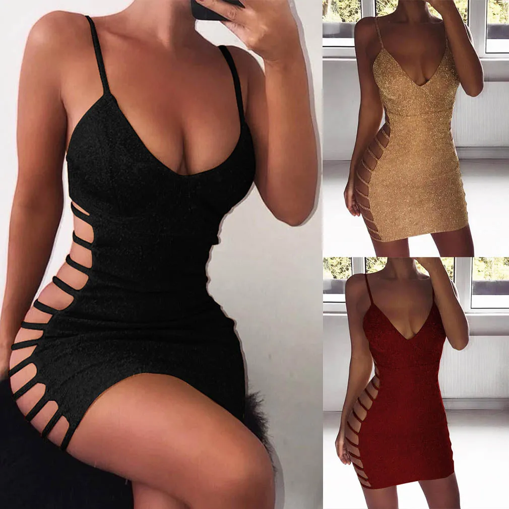 Sexy Sleeveless V-neck Spaghetti Strap Stretchy Dress With Open Waist