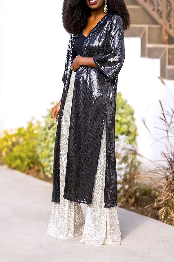 Stylish Solid Sequin Open Front Longline Jacket