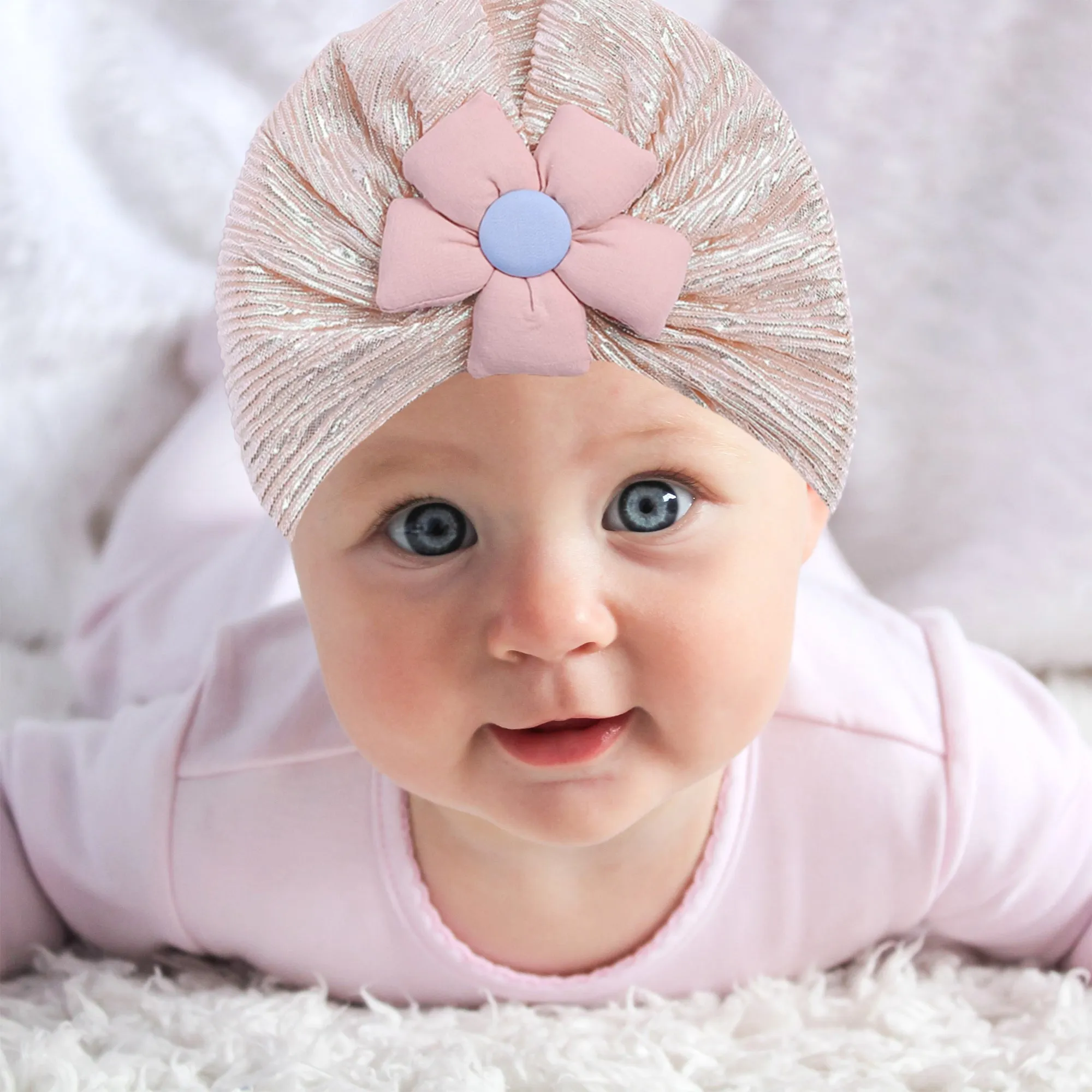 THE LITTLE LOOKERS Unisex Soft Turban Cap with Flower Bow, Beanie Cap for Newborn Baby/Infants, Baby Head-Wear | Suitable for 3 to 18 Months Baby