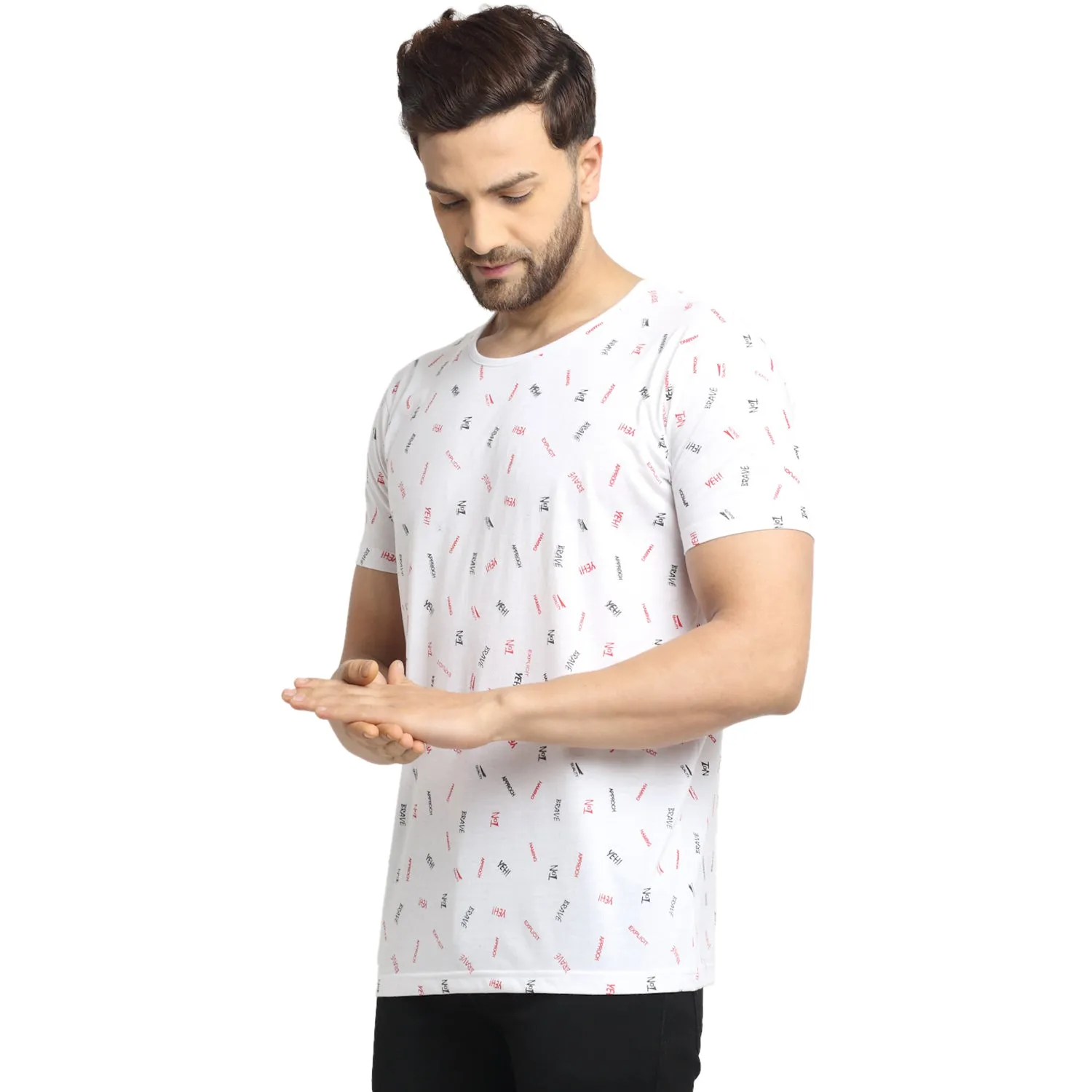 VIMAL JONNEY Men's White Printed Round Neck Tshirt