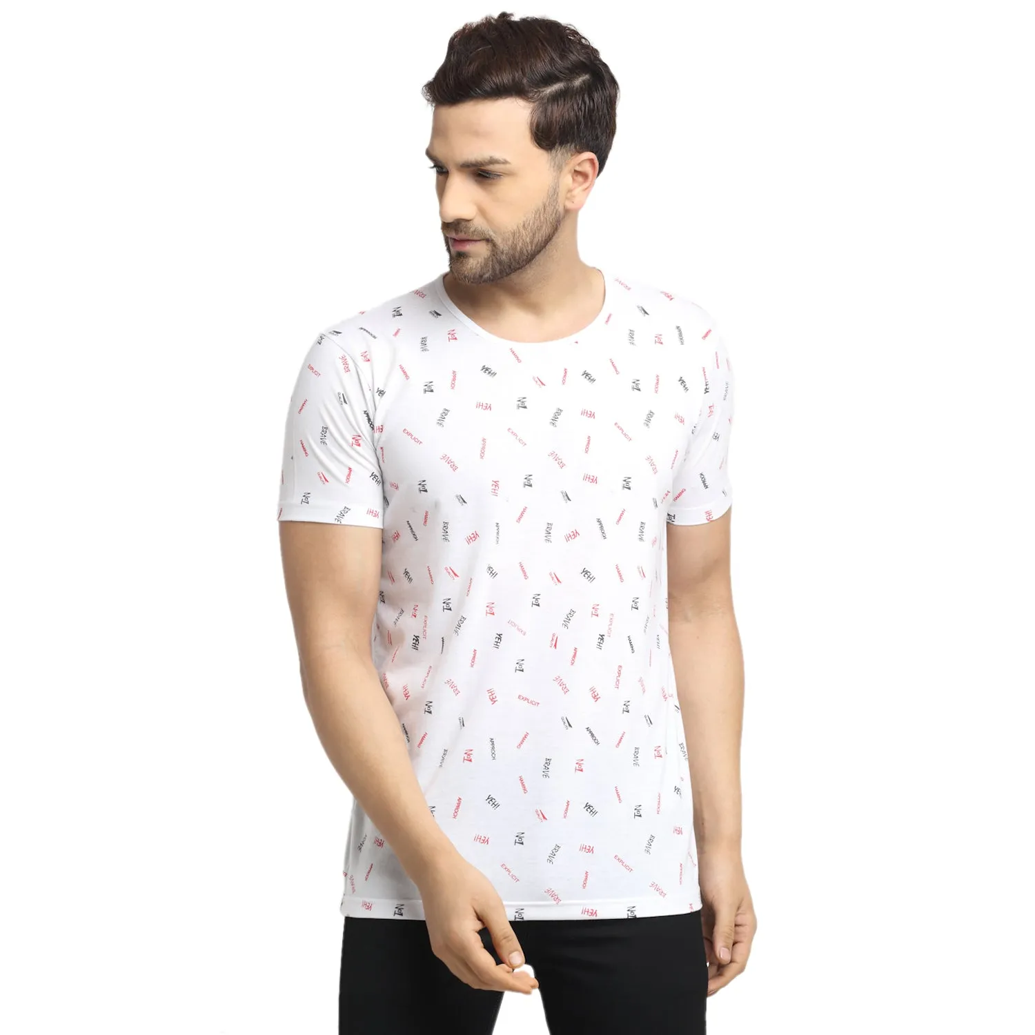 VIMAL JONNEY Men's White Printed Round Neck Tshirt