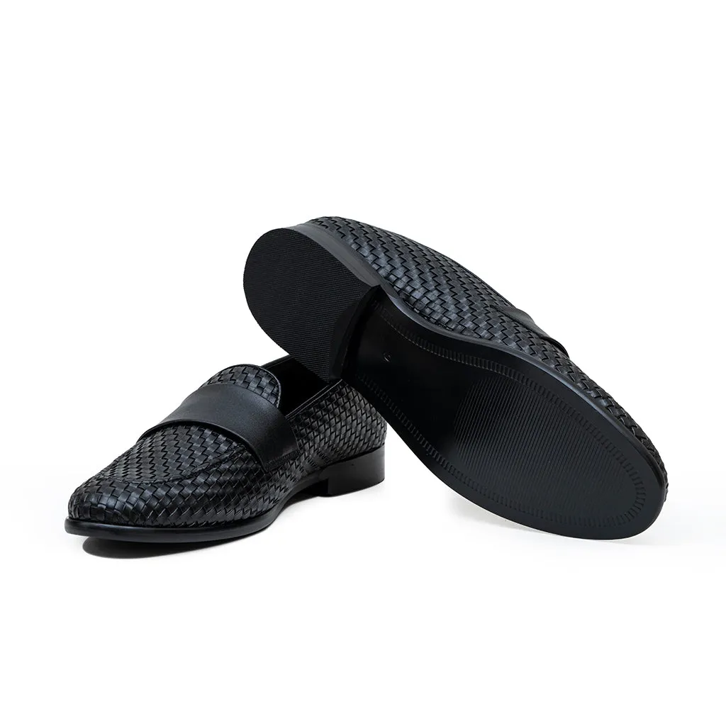 WOVEN SLIP-ONS WITH PU STRAP-BLACK